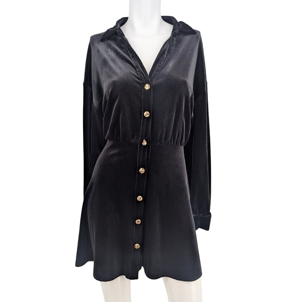 Zara Black Velvet Mini Dress Gold Button Front Coquette Goth Long Sleeve Size L